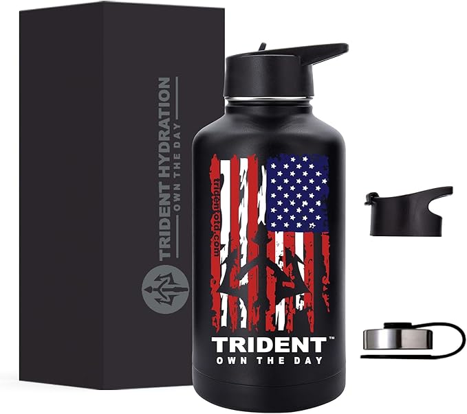 American Flag 64 oz Water Bottle, Reusable Water Bottle with Straw, Leak Proof Water Bottles, 64oz Insulated Water Bottle, Thermos Water Bottle - Retired Navy Combat Vet Small Business (Black, 64 Oz)