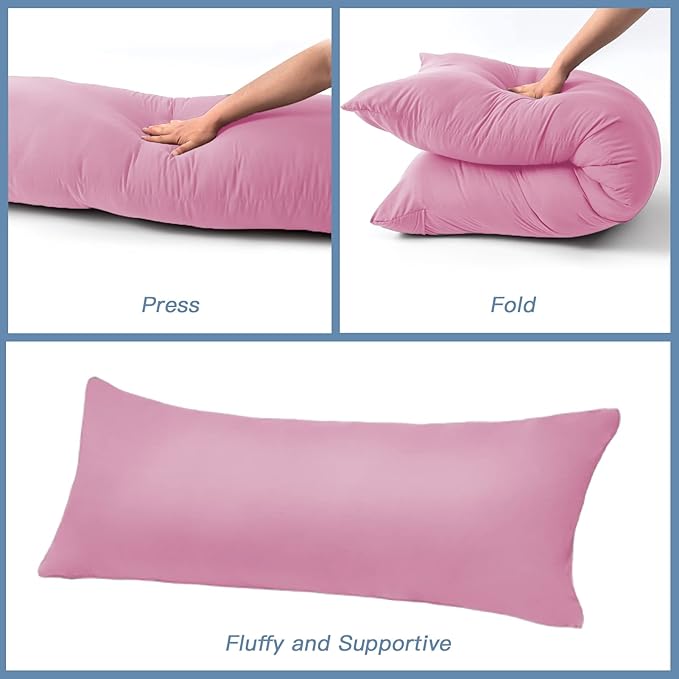 DOWNCOOL Luxury Full Body Pillow Insert with Fiber Cover - Ultra Soft Body Pillow for Sleeping - Breathable Long Bed Pillow Insert, 20"x54"(Pink, with Cover)