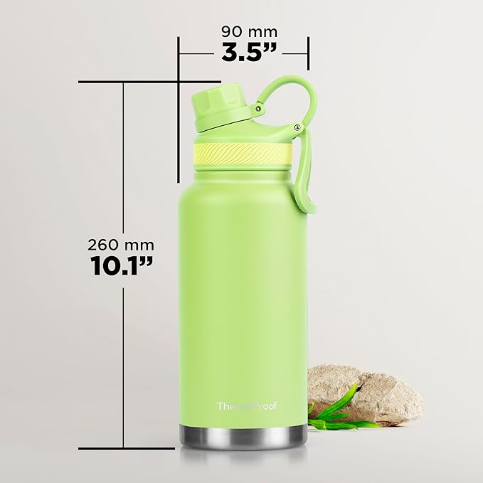 ThermoProof Double-Walled Vacuum Insulated Stainless Steel Water Bottle - Wide Mouth Canteen with Spout & Straw Lids, Dishwasher Safe, Reusable, Leakproof, BPA-Free - 32oz, Fresh Mint