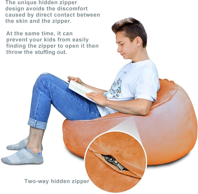 Bean Bag Chair Cover, Stuffed Animal Storage, Plush Toys Organizer Holder, Beanbag Chairs Cover for Kids Teans and Adults Super Soft and Comfortable Fabric X-Large with Handle and Zipper - Round Brown