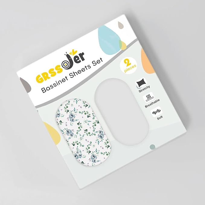 Stretchy Ultra Soft Fitted Bassinet Sheet Set 2 Pack, Universal Cradle Sheet Set for Rectangle, Oval, or Hourglass Bassinet Pad/Mattress, Blue Rose for Girls and Boys