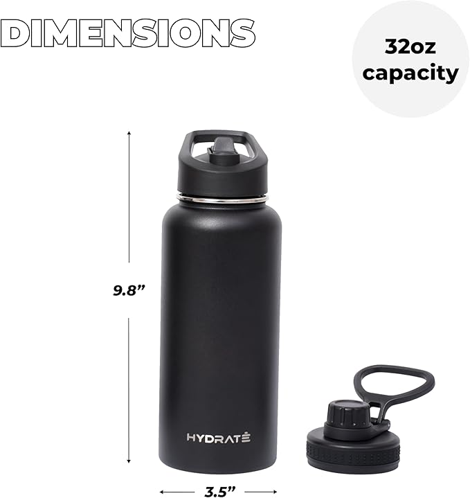 HYDRATE Insulated Stainless Steel Water Bottle - Large Reusable Flask with Leak-Proof Design and Convenient Handle - Double Vacuum Insulation for School, Work, or Adventure