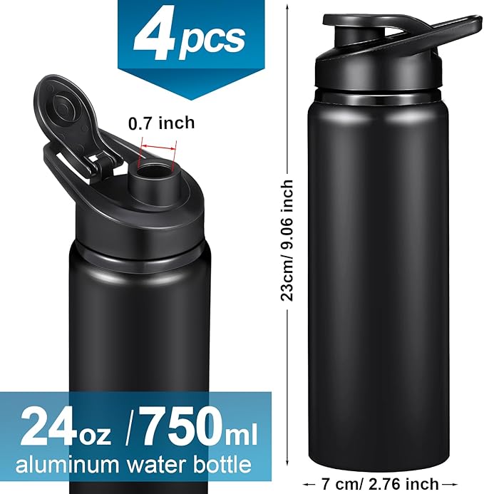 CHENGU 4 Pcs Aluminum Water Bottle 24oz Aluminum Reusable Bottles Lightweight Snap Lid Sports Water Bottle Multipack Easy Carry Leak Proof Travel Bottle for Gym Camping Hiking Outdoor Fishing (Black)