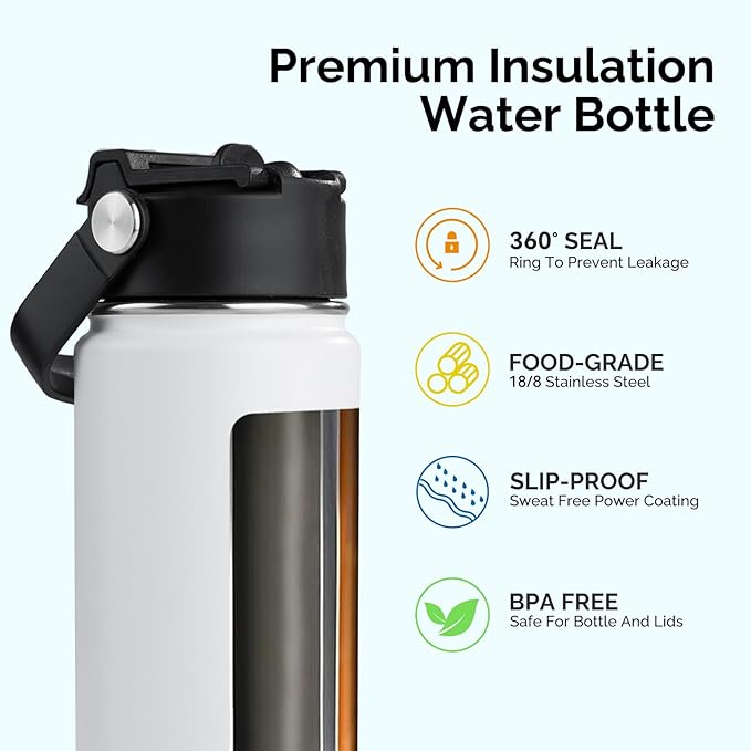 Kerilyn Stainless Steel Insulated Water Bottle, 24oz Double Wall Vacuum Insulated Water Bottle Leak Proof with Silicone Straw, Wide Mouth Lid, BPA Free, Keep Cold and Hot, 24oz, White