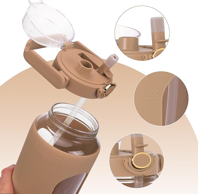 Moretoes 64oz Glass Water Bottle, Glass Bottle with Silicone Sleeve and Time Marker for Gym Home Office (Amber)