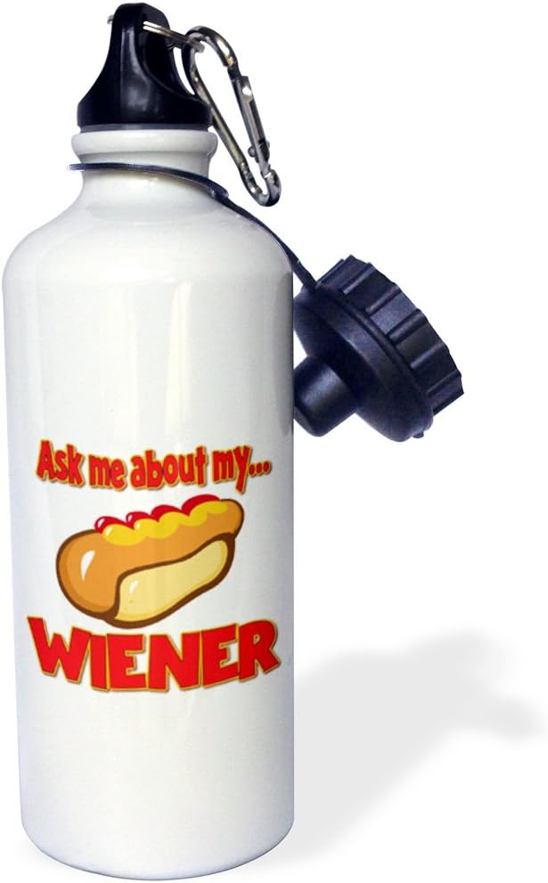 3dRose Ask Me About My Wiener Funny Innuendo Hot Dog Design Sports Water Bottle, 21 oz, White