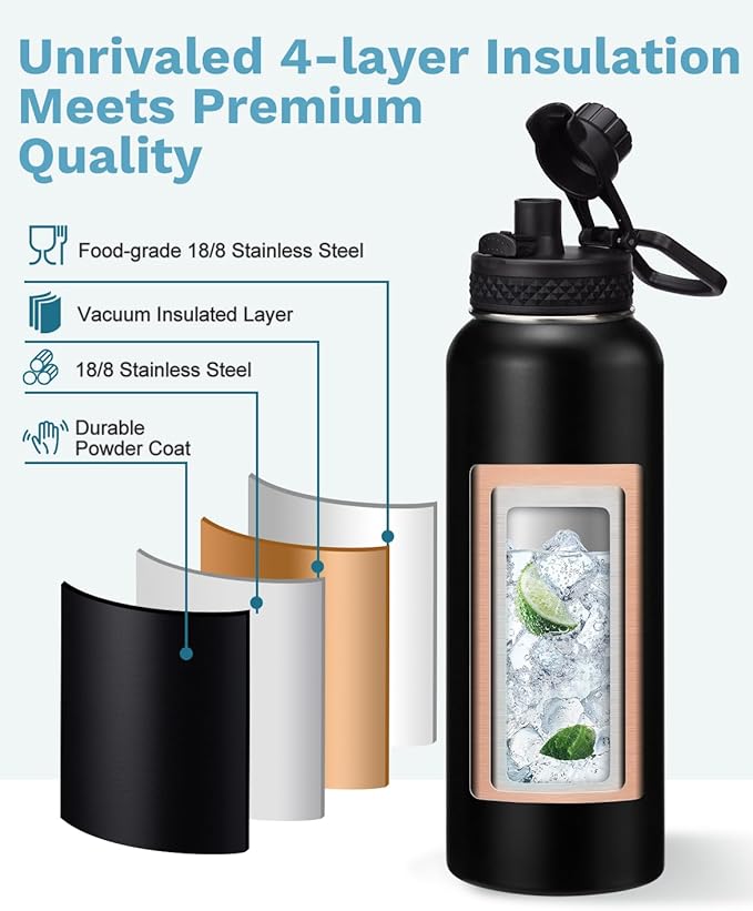 40oz 64oz Water Bottle with Straw - Spout Lid, Paracord Handle, Keep Cold 48H Hot 24H, Travel Water Flask with Strap Carrying Pouch for Hiking Work Sports, 40oz Stainless Steel Water bottle