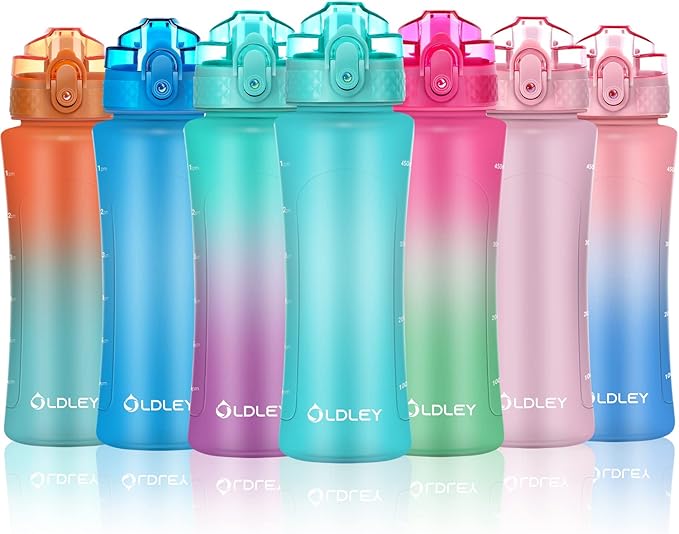 OLDLEY Kids Water Bottle with Straw for School Girls Boys, 15 oz Unbreakable Leak-Proof BPA-Free Motivational Water Bottles with Times to Drink for Travel Sports Gym, 1 Straw Lid, Mint