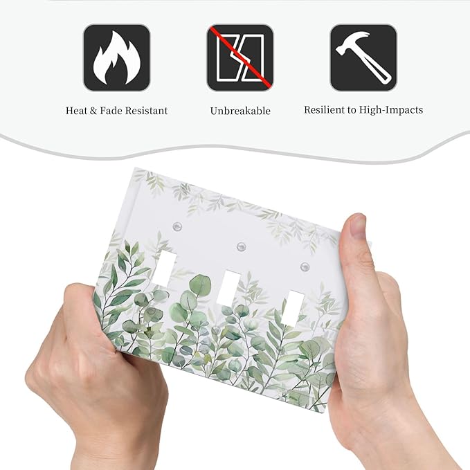 Green Eucalyptus Rustic Botanical Plant Leaves 3 Gang Boho Light Switch Covers Decorative Triple Toggle Wall Plate Electrical Faceplate Switchplate for Country Bathroom Bedroom Decor
