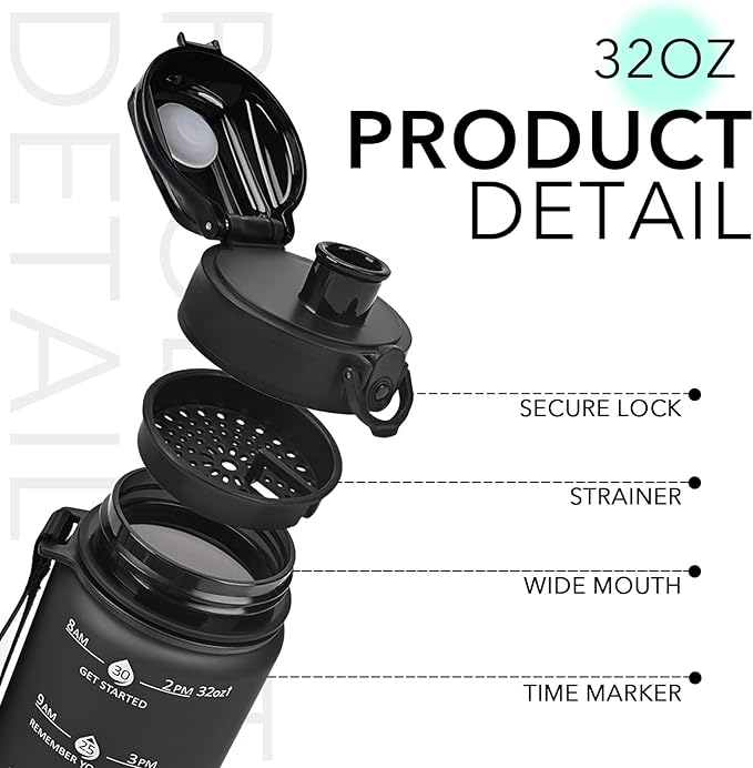GOSWAG 32oz Motivational Water Bottles with Time Marker and Fruit Strainer, Sports Water Bottle with Times to Drink, Leakproof, Reusable Plastic Bottle with Strap no Straw for Gym, School