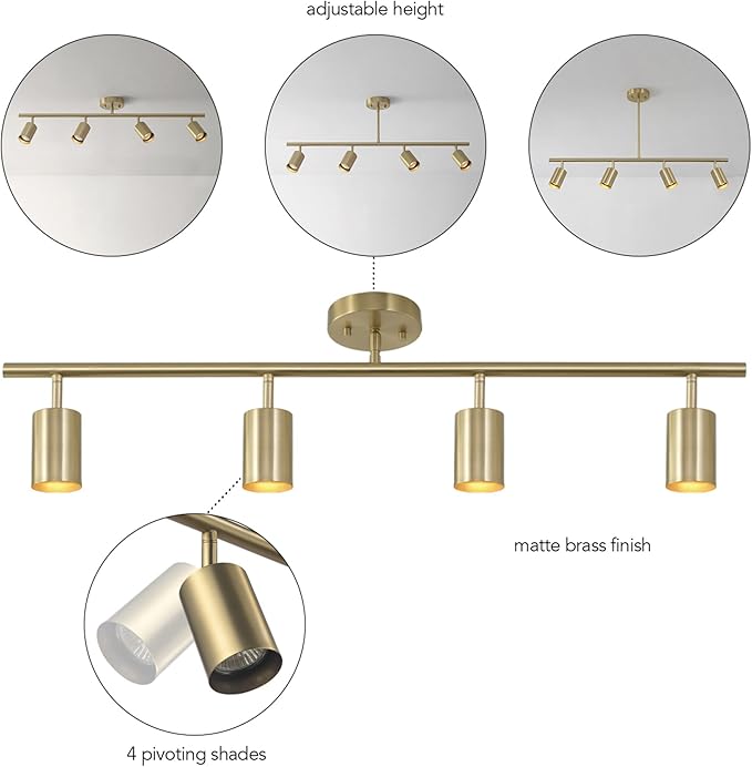 Globe Electric 64000094 35" 4-Light Adjustable Height Track Lighting, Matte Brass, Pivot Shades, Ceiling Lamp for Bedroom, Kitchen, Hallway, Bathroom, Den, Dining Room, Home Décor
