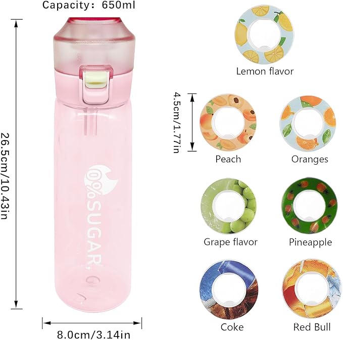 Water Bottle with 7Pcs Air Flavor Pods, Air Bottle Pods Water Bottle, Flavor Caps with Water Bottle, Fruit Scent Pods for Outdoor Sport(Pink-7 Pods)