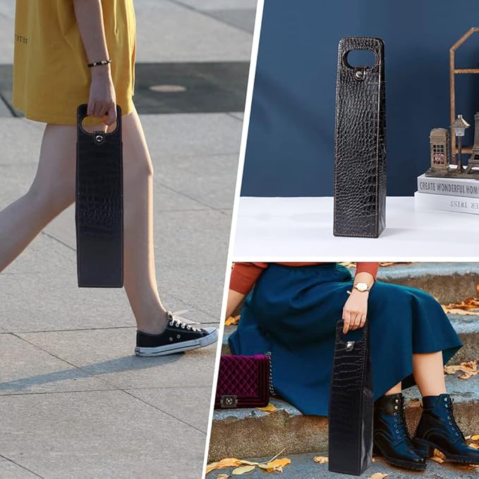 Single Bottle Wine Tote, Reusable Leather Wine Bag Tote, Single Bottle Wine Tote Bag, Crocodile Grain Wine Gift Bag for Picnic, Travel, Party, Birthday, Wedding, Restaurant (Black)