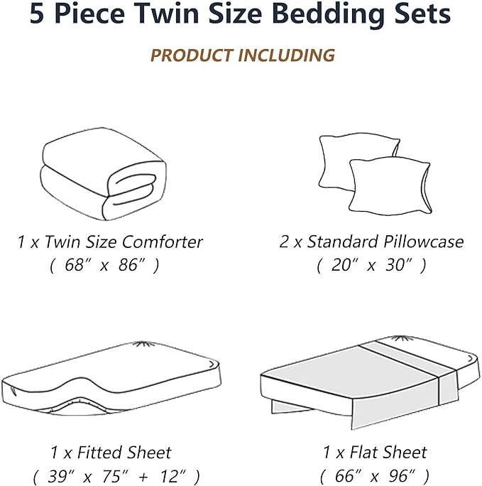 Twin Comforter Set with Sheets, 5 Pieces Super Soft Twin Bed in a Bag, All Season Solid Color Kids Bedding Set Neutral for Boys & Girls, White Striped