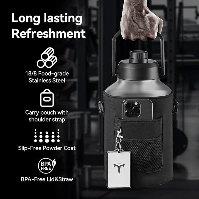 Half Gallon Water Bottle Insulated, 64oz Stainless Steel Half Gallon Water Jug with Straw, Spout,Handle and Carry Sleeve, Wide Mouth,Leak Proof, Keeps Drinks Hot and Cold, Metal Canteen Flask