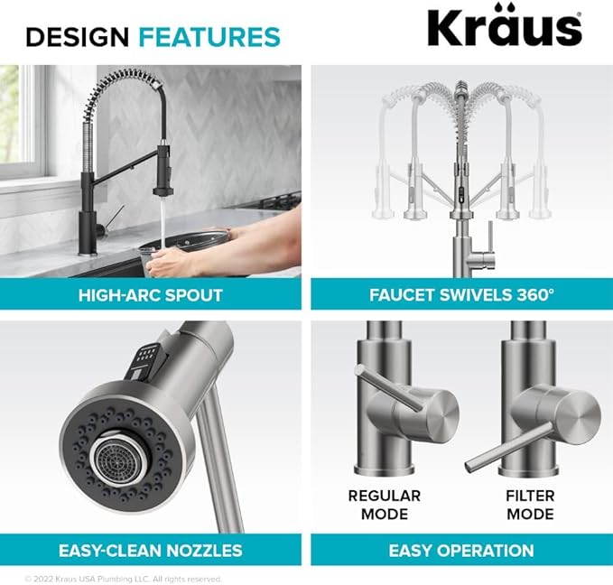 KRAUS Bolden 2-in-1 Commercial Style Pull-Down Single Handle Water Filter Kitchen Faucet for Reverse Osmosis or Water Filtration System in Spot-Free Stainless Steel/Matte Black, KFF-1610SFSMB