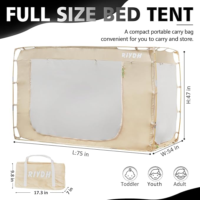 Bed Tent Bed Canopy Full Size Tents for Adult and Kids- Portable Dream Tent Indoor Sleeping Tents 70% Blackout with 3 Doors Breathable Big Space Tents