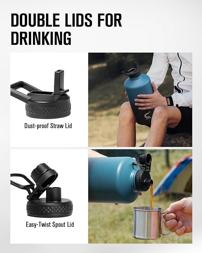 Coolplus Gallon Water bottle insulated with straw, Water Jug 128 oz Stainless Steel Double-Walled Vacuum Metal Large Flask With Carry Sleeve Bpa-Free Leakproof, Keep Cold 48 Hrs, Blue Black