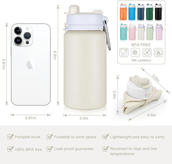 Collapsible Water Bottle, Foldable Water Bottle BPA Free Reusable Lightweight Leak-Proof Travel Silicone Water Bottle for Travel, Gym, Hiking, Office, Camping