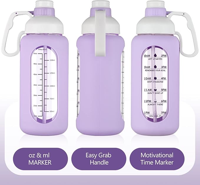 MUKOKO 64oz BPA Free Glass Water Bottle with Straw, Half Gallon, Wide Mouth, Time Marker, Silicone Sleeves, Ideal for Sports, Travel, Running, Camping, Purple