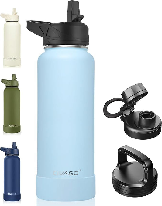 CIVAGO 40 oz Insulated Water Bottle With Straw, Stainless Steel Sports Water Flask Cup with 3 Lids (Straw, Portable Spout and Handle Lid), Double Walled Travel Thermal Canteen Mug, Light Blue