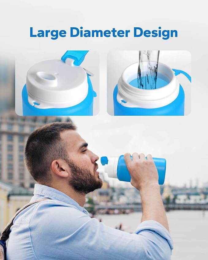 Collapsible Water Bottle, Foldable Water Bottle for Travel & Collapsable Water Bottle with Clip for Backpack, Portable Silicone Water Bottle, Collapse Water Bottle for Travel (20oz, Blue)