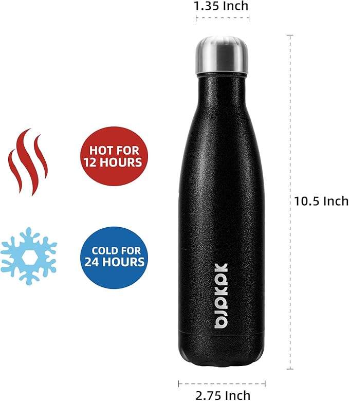 BJPKPK Insulated Water Bottles 17oz, Leak Proof Stainless Steel Water Bottle keeps Cold for 24H and Hot for 12H, BPA Free Water Bottle-Black
