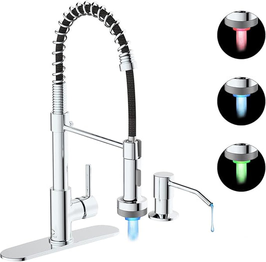 Kitchen Faucet with LED Light, Chrome Faucet with Soap Dispenser, Faucet for Kitchen Sink, Single Handle Stainless Steel Kitchen Sink Faucets with Pull Down Sprayer, Camper Farmhouse RV Sink Faucet