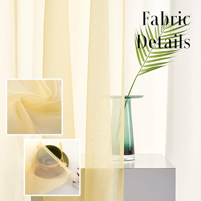 Light Yellow Sheer Voile Curtains Translucent Solid Color Window Treatment 72 Inches Long Panels Rod Pocket Light Yellow Sheers for Bedroom Living Room 2 Panels 52x72