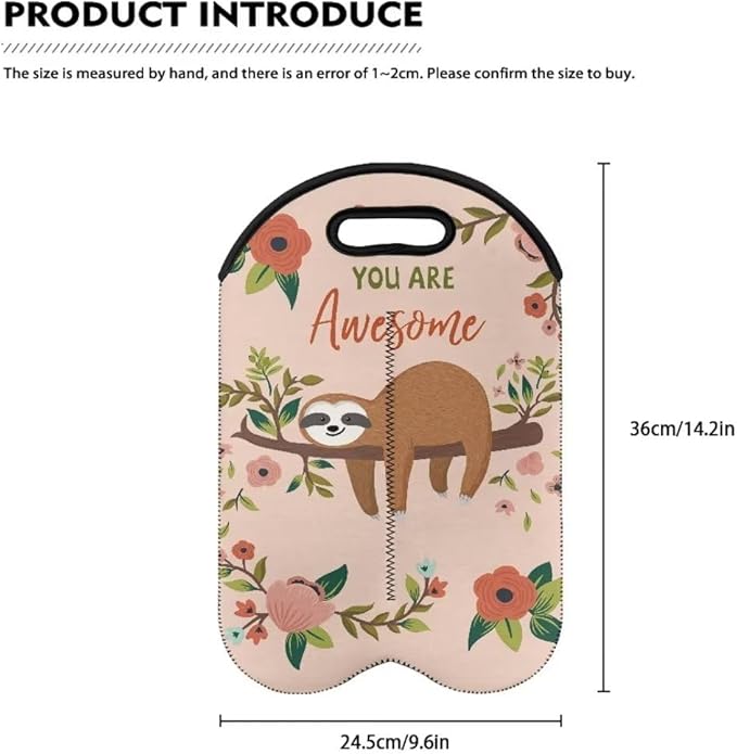 doginthehole Cute Sloth 2 Bottle Wine Carrier Tote Wine Bottle Insulated Sleeve for 750ML Portable Neoprene Wine Tote Holders Travel Picnic Party Champagne Carrier Bag with Handle