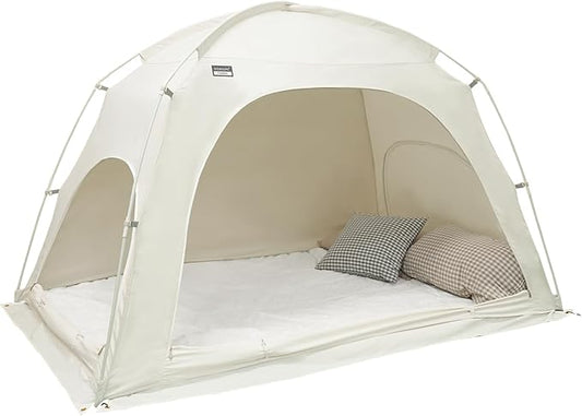 Fabric Indoor Bed Tent, Privacy Play Tent on Bed for Warm and Cozy Dream Sleep Tent, Floorless Type Tent.Cotton Feeling Tent,S-PE Pole, Washable Tents (Ivory, Twin)