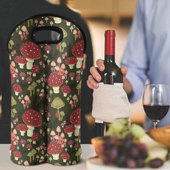doginthehole Mushroom Neoprene Wine Tote Bags for 2 Wine Bottle, Portable Travel Carrying Case for Champagne/Water Bottle/Beer/Drinks Carriers Bag, 750 ML Wine Bottle Insulated Sleeve