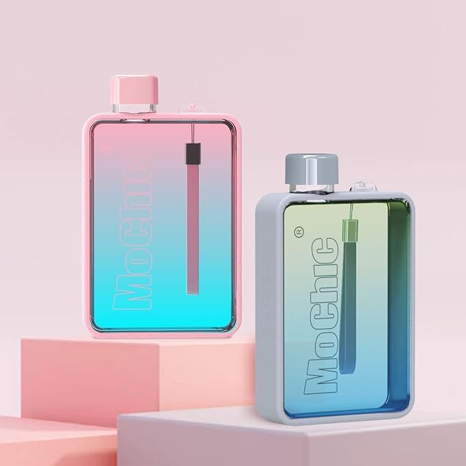Mochic 13oz Portable Water Flask Flat Water Bottle for Purse Mug BPA Free A5 Slim Square Water Bottle Flask Leak Proof Plastic Flask Bottle for Travel (Gradient White)