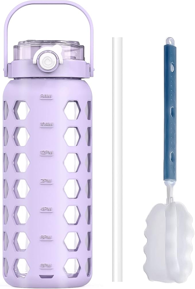 MUKOKO 56oz Glass Water Bottles with Straw and Lid,Motivational Water Jug with Time Marker Reminder and Silicone Sleeve,100% Leakproof BPA Free Fitness Sports Large Bottle-Purple