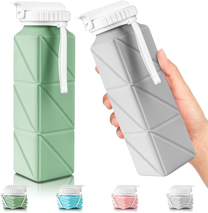 Collapsible Travel Water Bottles, Food Grade BPA Free Silicone Foldable Water Bottle, Leakproof Portable Expandable Water Bottles for Traveling, Camping, Hiking, Cycling & Sports Outdoor 620ml(2 Pack)