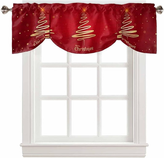 Christmas Tree Blackout Tie Up Valance Curtains for Kitchen Windows Merry Xmas Red Window Toppers Balloon Shades for Living Room/Bathroom/Bedroom,1 Panel,42" X 12" Winter Holiday Decor