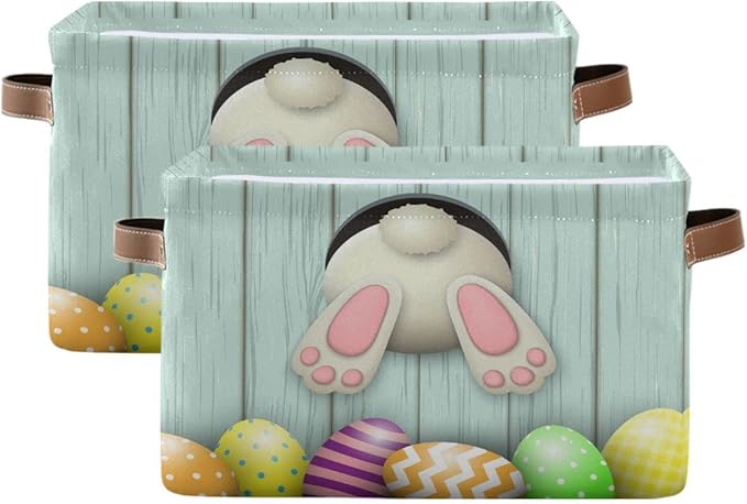 Easter Day Bunny Tail Eggs Storage Basket Fabric Laundry Baskets Happy Easter Rabbit Spring Storage Boxes Organizer Bag for Baby Cloth Dog Toy Book Storage Cubes Shelf Closet Bins 16×12×8 Inches