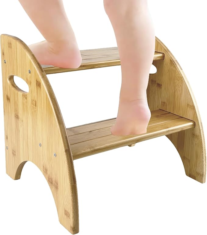 Bamboo Step Stool, 12 Inches Tall, Non-Slip Steps & Handrails, Sturdy Sustainable Bamboo, for Bathroom, Kitchen, Bedroom