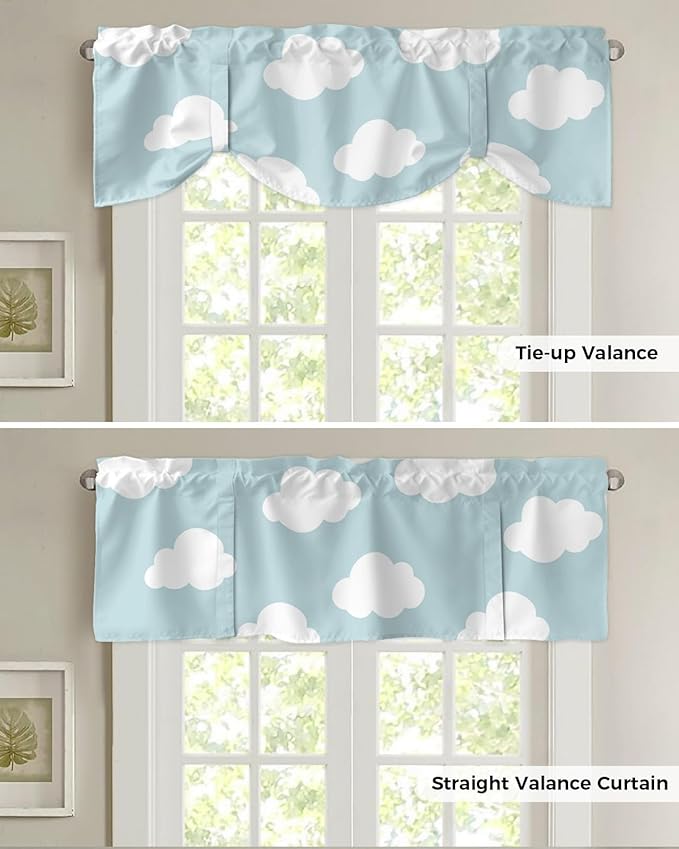Kids Blackout Tie Up Valance Curtains for Kitchen Windows Blue White Cloud Cartoon Window Toppers Balloon Shades for Living Room/Bathroom/Bedroom,1 Panel,42" X 12"