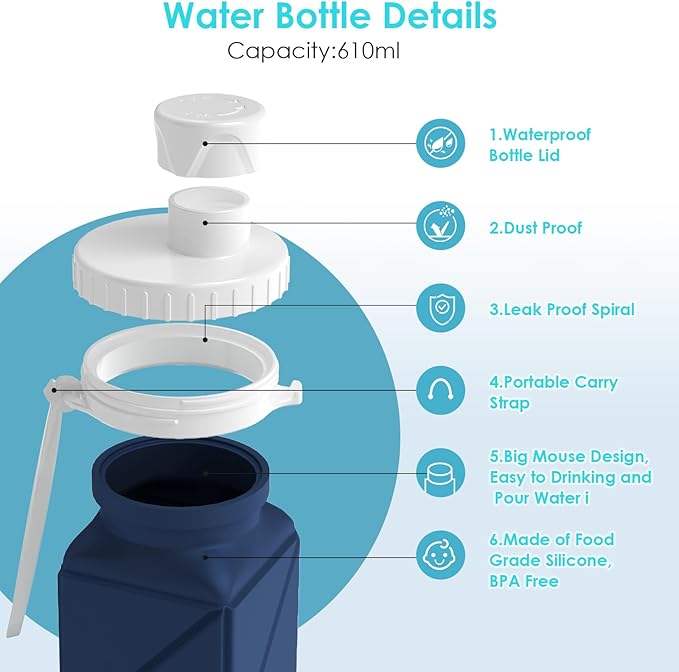 Collapsible Water Bottles,BPA-Free Leak-Proof Silicone Foldable Water Bottle Cup 20.6oz,Durable Lightweight Bottle for Gym Travel Camping Hiking Running (Navy Blue+Green)