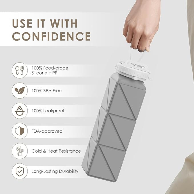 INNERNEED Collapsible Drinking Water Bottle with Straw, Reuseable Leakproof BPA Free Silicone Foldable Sports Gym Bottle, with Carrying Strap (1pack, Dark Gray)