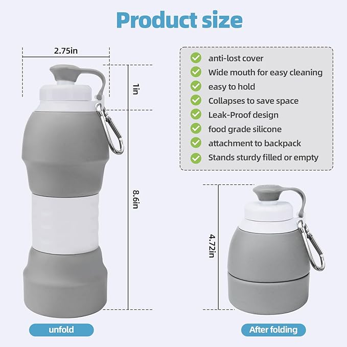 Collapsible Water Bottle, 19.6oz Leakproof Foldable BPA Free Silicone Reusable Sports Bottle, Portable Refillable Bottles with Carabiner, Ideal for Travel Hiking Outdoor Camping Gym (Gray)
