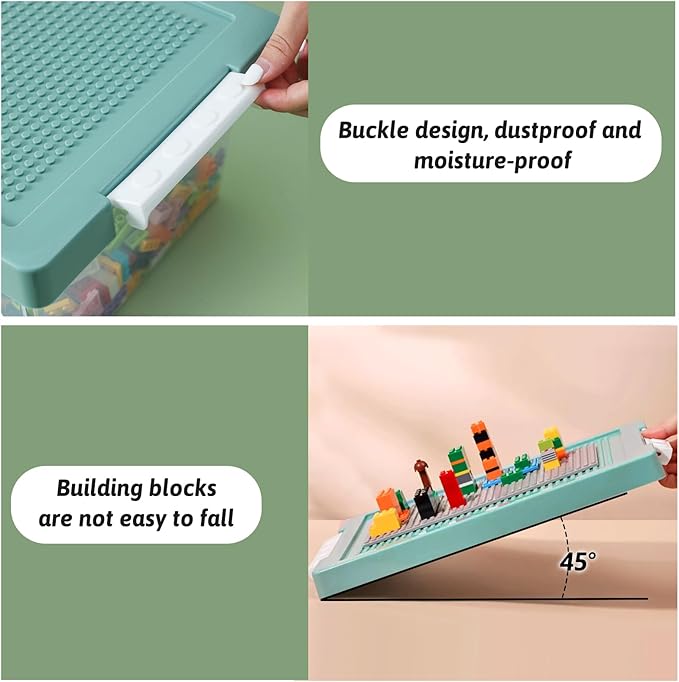 loobuu Plastic Storage Bins with Lids - 1 Set Stackable Arts Crafts Organizer Box with Removable Divided Tray &Compatible Building Baseplate,Toy Chest Containers for Bricks -Green(14.37"x9.64"x6.69")