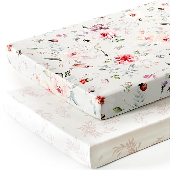 Fitted Pack n Play Sheets Set 2 Pack, Stretchy Ultra Soft Jersey Knit Portable/Mini Crib Sheets for Girls, Universal Fit for Pack N Plays Safe and Snug, Beautiful Flowers and Insects Pattern for Baby