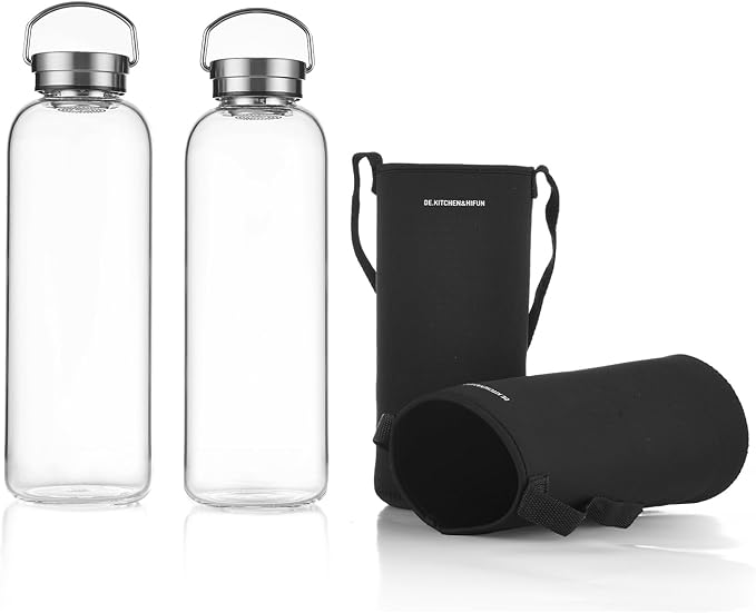 DE.KITCHEN&HIFUN Glasss Water Bottle 64oz, Large Borosilicate Glass 2L for Juice, Glass Water bottle with Steel Cap Filter (1)