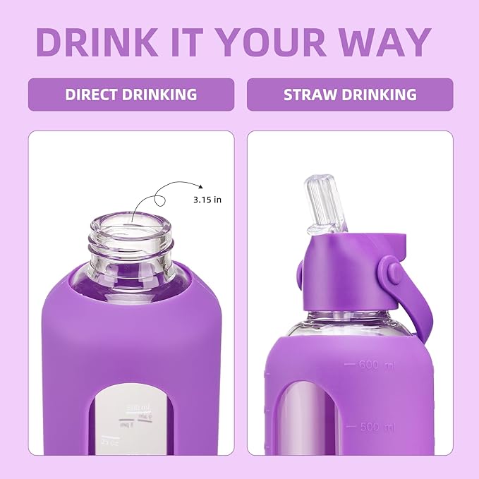 20 oz Glass Water Bottles with Straw Borosilicate Glass Water Bottle with Time Marker Motivational Water Bottles with Silicone Sleeve Leak Proof Reusable BPA Free