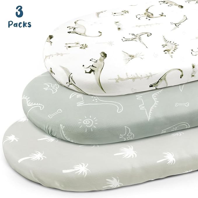 Ultra Soft Stretchy Jersey Knit Fitted Bassinet Sheets 3 Pack, Universal Fitted for Baby Cradle Moses Basket Oval Rectangle Mattress Safe and Snug, Bassinet Fitted Sheets for Boy, Dinosaur Print