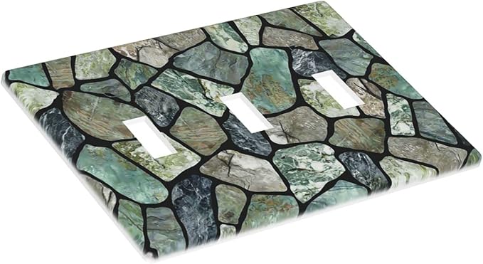 Green Stone Texture Triple Toggle Light Switch Wall Plate Cover Decorative 3-Gang for Room Bathroom Bedroom Home Kitchen Three Lightswitch Polycarbonate 4.5" x 6.38"