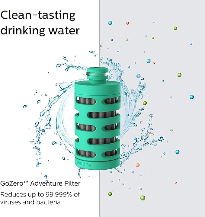 PHILIPS Water GoZero Active BPA-Free Water Bottle with River/Lake/Spring Water Filter for Hiking Camping, Sport Squeeze Water Bottle, Lightweight, Blue, 20 oz with Adventure Filter, Green