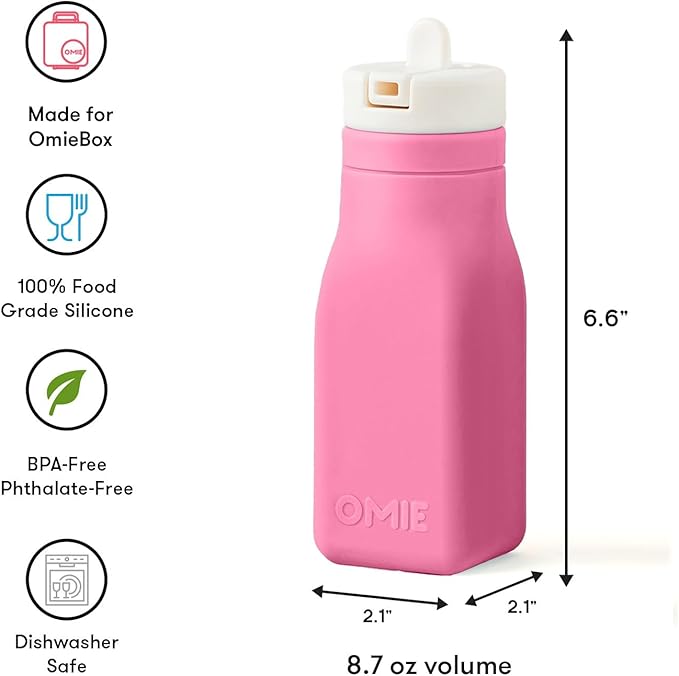 OmieBox Reusable Silicone Water Bottle - 8.7 oz, Straw Top, BPA-Free & Phthalate-Free, Leak-Proof (Pink)